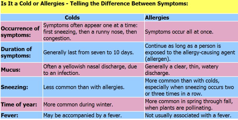 Cold Vs Allergies Chart